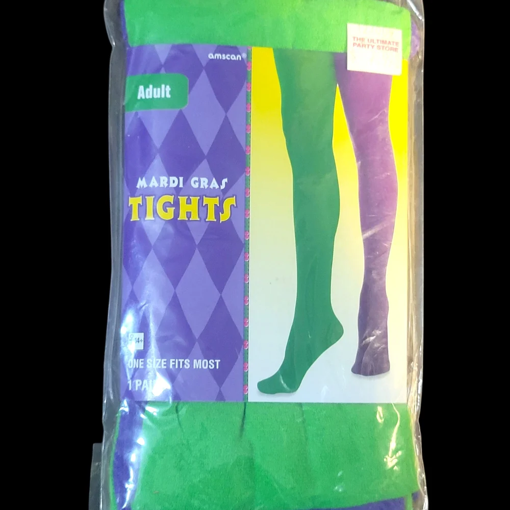 Amscan Mardi Gras Suspenders and Tights Set - Vibrant Purple, Green, Yellow